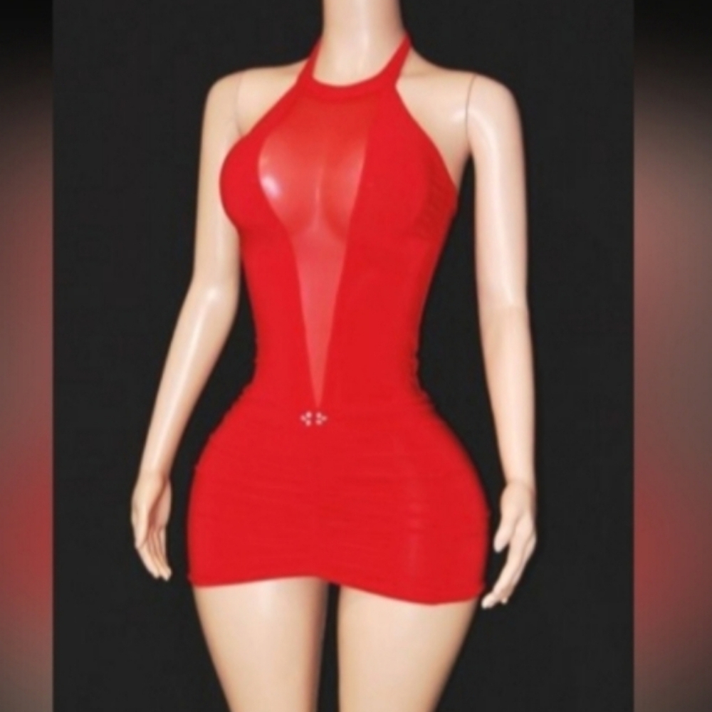 Exotic Dancer Dancewear Ravewear Red Halter Mini Dress